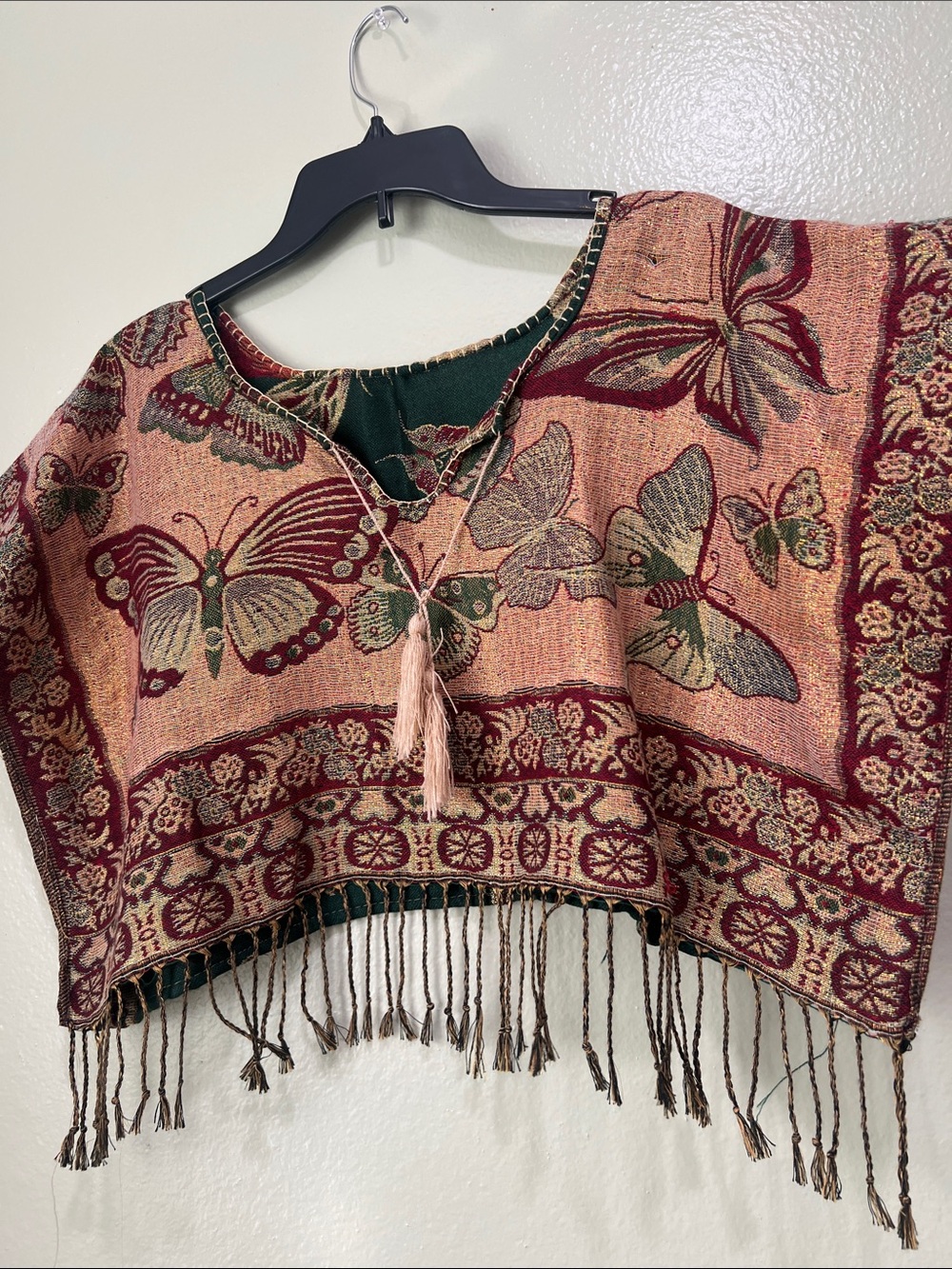 Butterfly Tassel Fringe Women's Sweater Poncho - Rust Green, REVERSIBLE!!